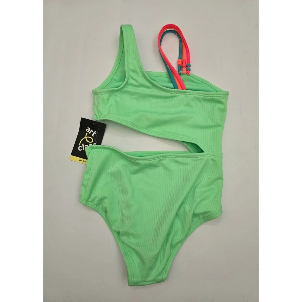 Art Class Girl Lime Green Ribbed One Piece Swimsuit Cutout Multi Strap S 6/7 NWT